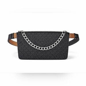 Michael Kors Black MK Logo Fanny Pack Belt Bag Chain Accent Zip Waist Crossbody.